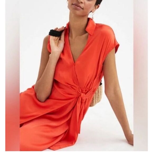 Anthropologie Maeve Red Open-Back Viscose Tie Waist Wrap Midi Dress XS - Picture 2 of 13